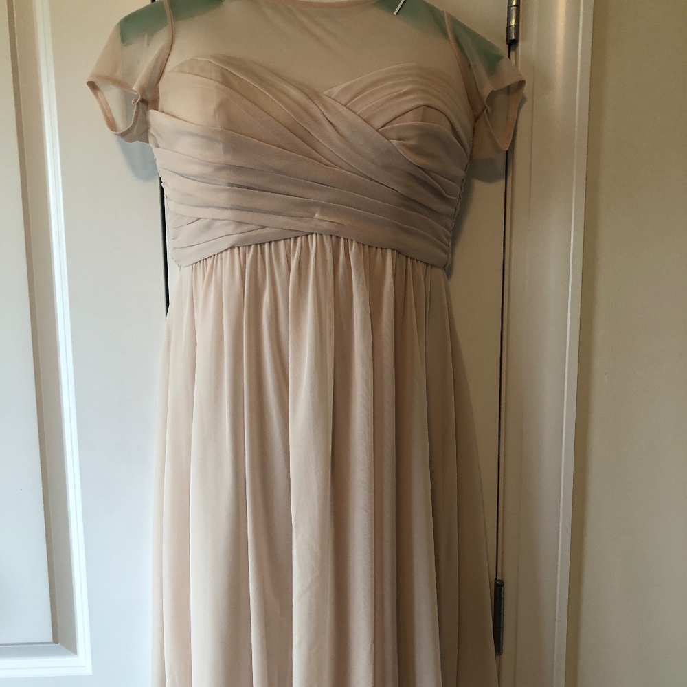 Beige chiffon, short bridesmaids dress.